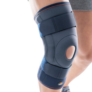 Rodillera de Neopreno con rotula abierta/ flejes metálicos, articulación policéntrica y cinchas de ajuste